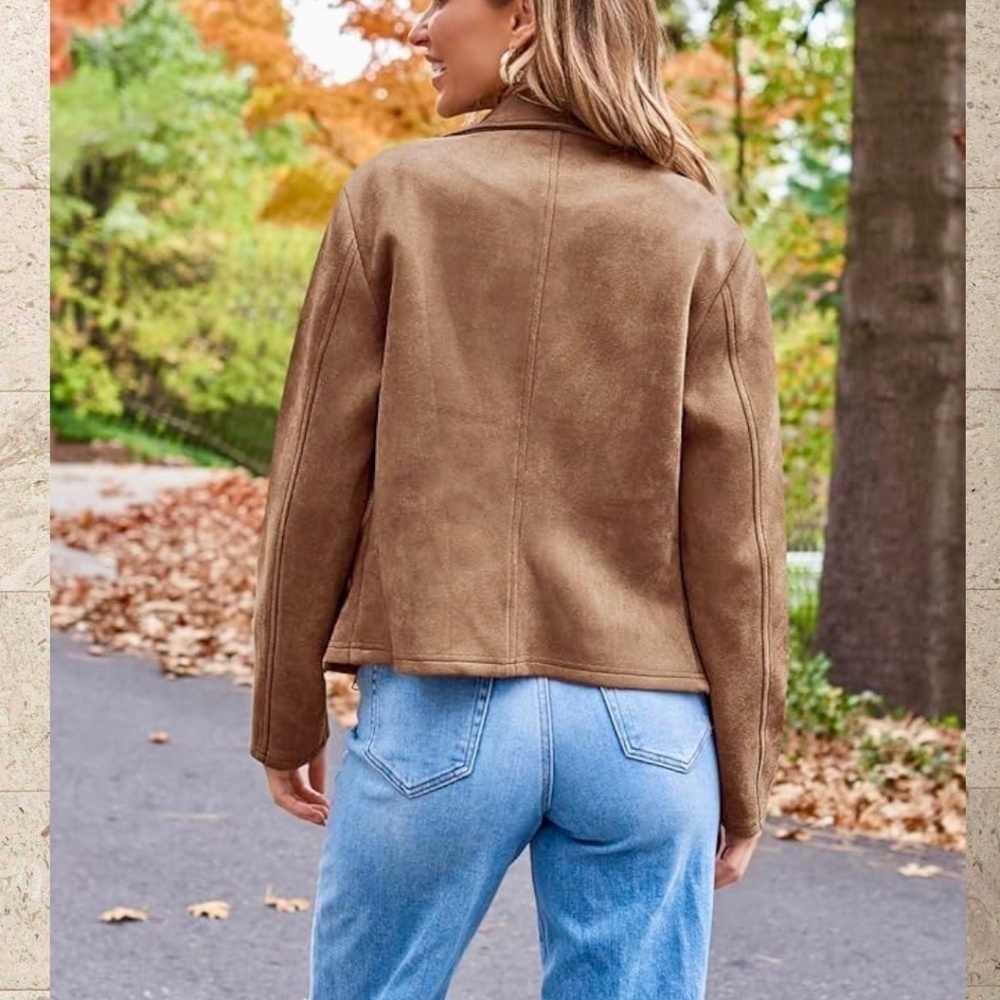 Moto-Style Soft Vegan Suede Lightweight Long Sleeve Jacket-Tan/LG/NWT - Picture 2 of 15